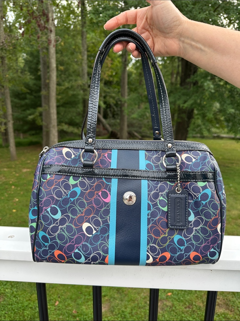 Vintage Coach Navy Multicolor Signature Satchel with Turquoise Stripe